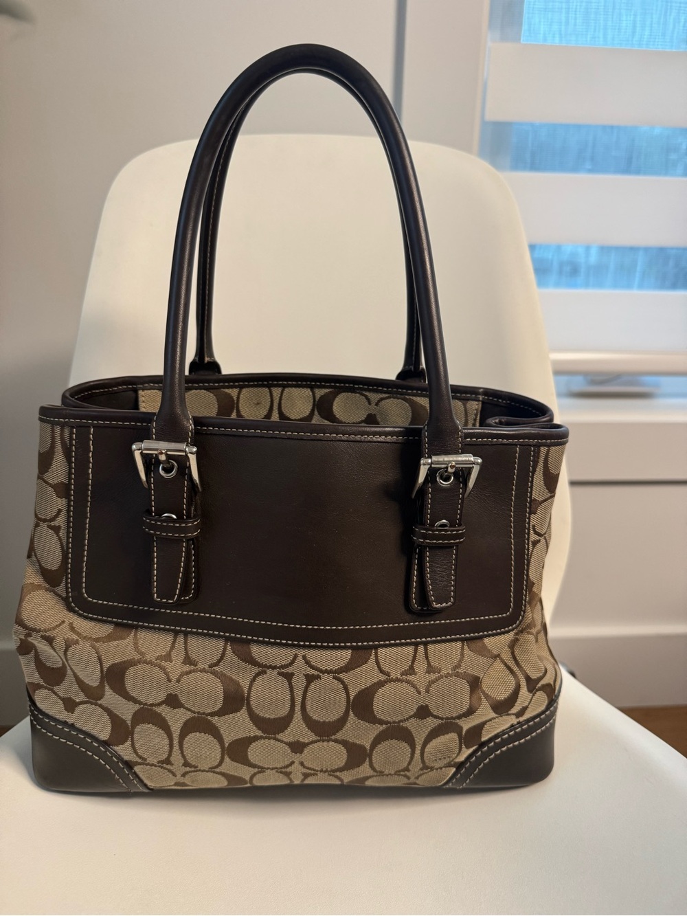 Coach Brown Signature Canvas Shoulder Bag with Dark Brown Leather Trim